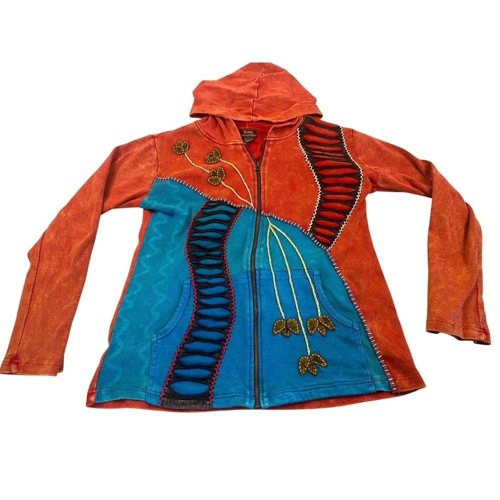 Rising International Patchwork Hoodie Full Zip Floral Applique Woman's Size L